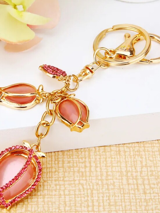 Accessories - Gold Pink Enamel Rose Floral Keychain - Bag Charm